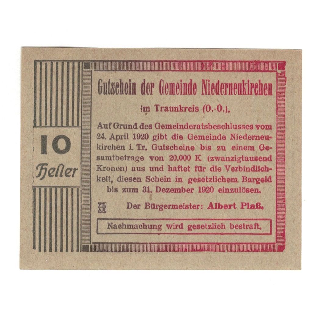 Geldschein, Österreich, Niederneukirchen im Traunkreis O.Ö. Gemeinde, 10