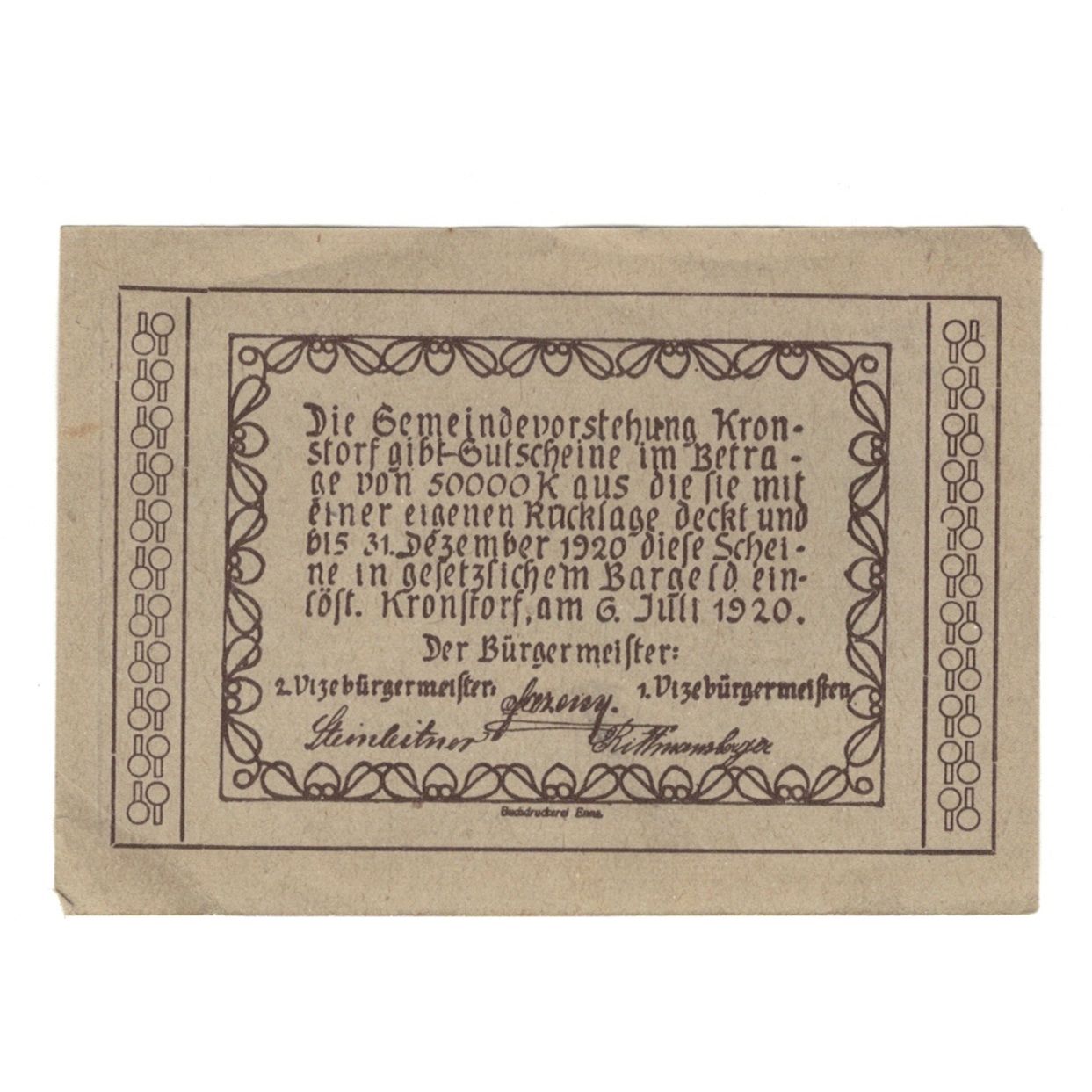 Geldschein, Österreich, Kronstorf O.Ö. Gemeinde, 50 Heller, Texte, 1920