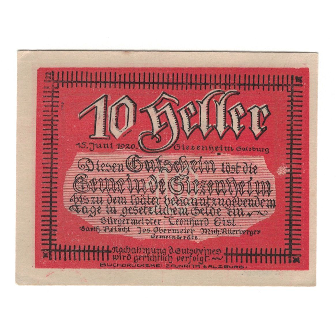 Geldschein, Österreich, Siezenheim Sbg. Gemeinde, 10 Heller, montagne, 1920