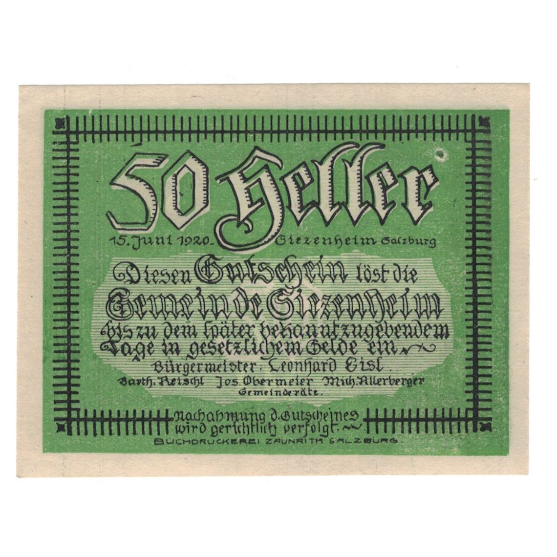 Geldschein, Österreich, Siezenheim Sbg. Gemeinde, 50 Heller, paysage, 1920