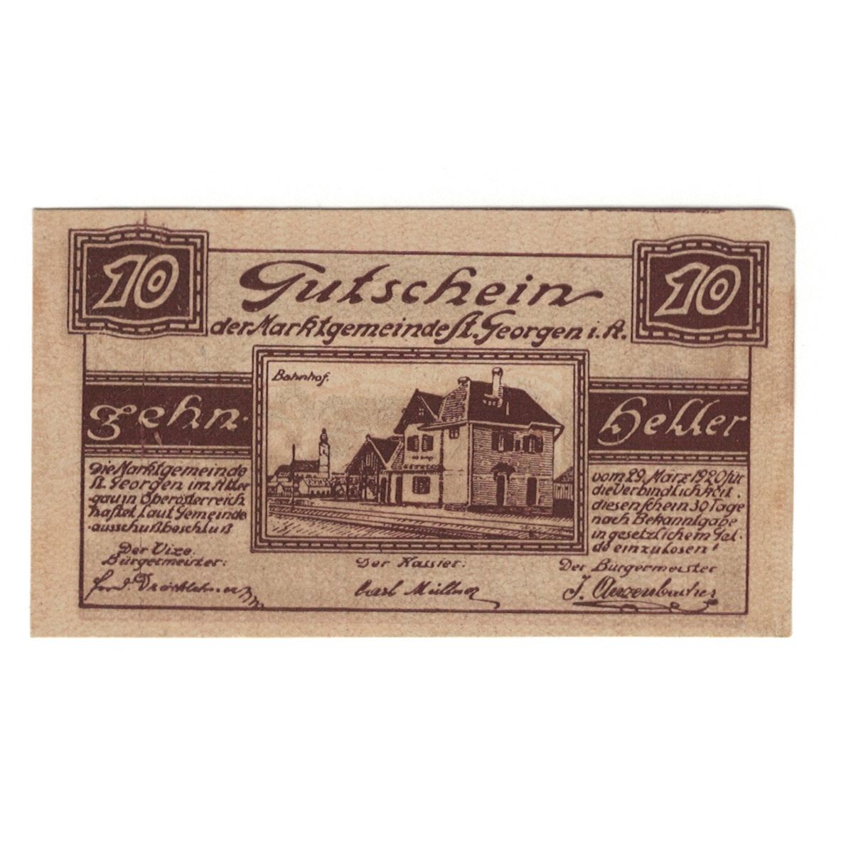 Geldschein, Österreich, St. Georgen im Attergau O.Ö. Marktgemeinde, 10 Heller