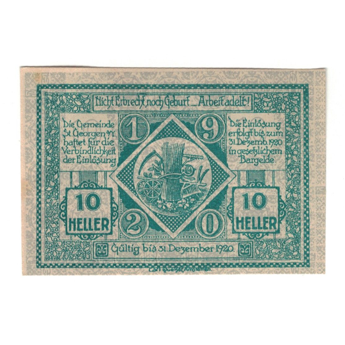 Geldschein, Österreich, St. Georgen am Ybbsfeld N.Ö. Gemeinde, 10 Heller