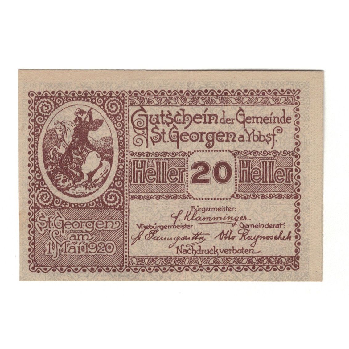 Geldschein, Österreich, St. Georgen am Ybbsfeld N.Ö. Gemeinde, 20 Heller