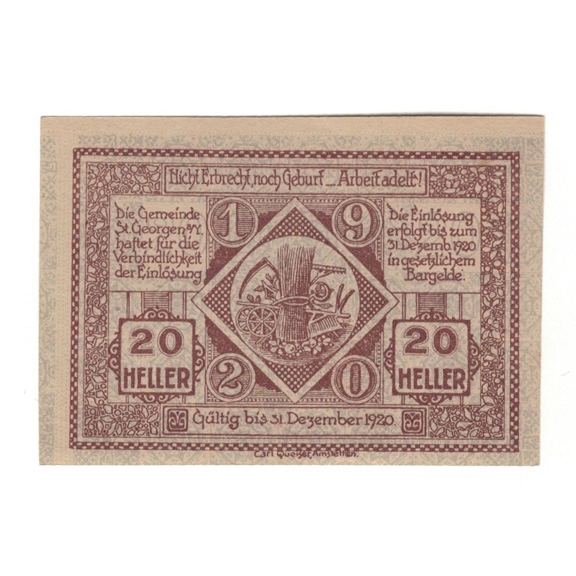 Geldschein, Österreich, St. Georgen am Ybbsfeld N.Ö. Gemeinde, 20 Heller