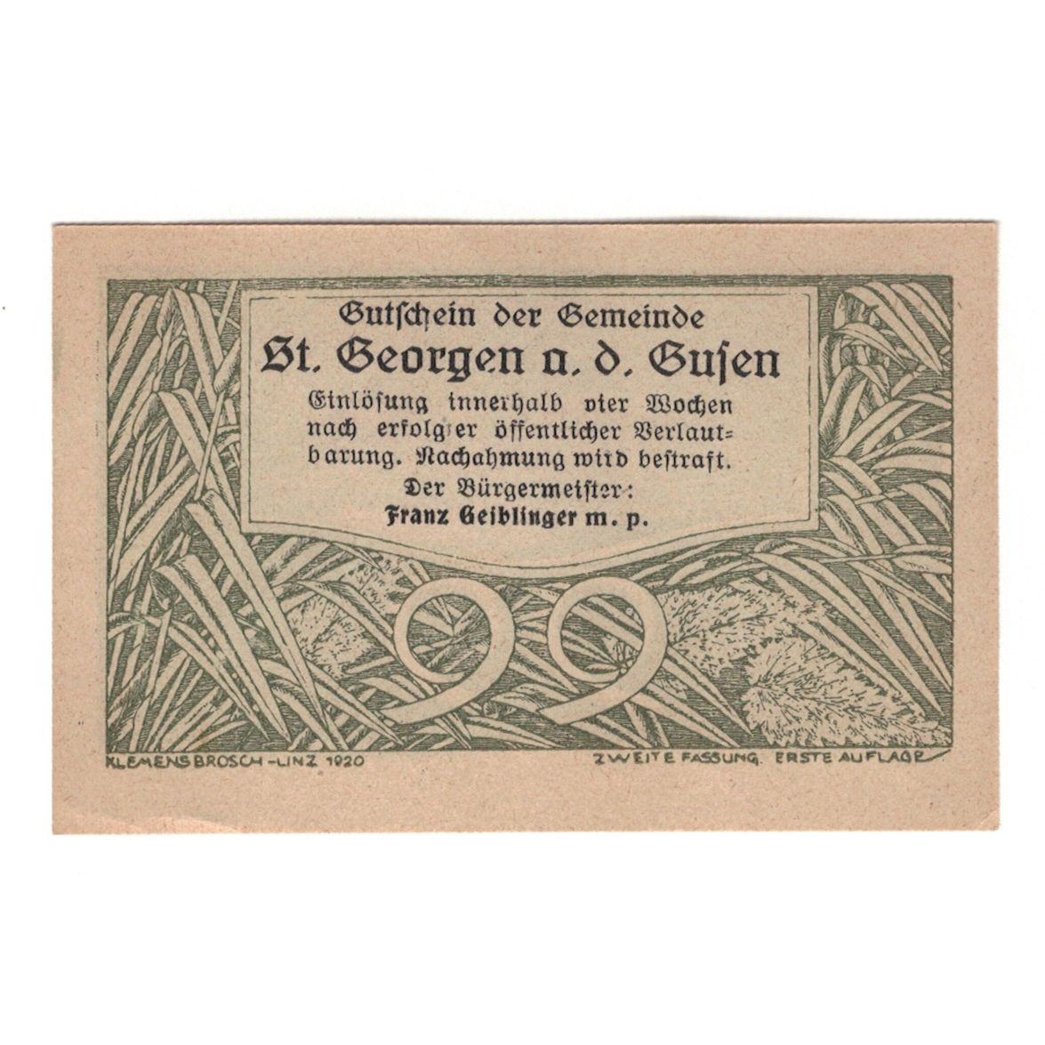 Geldschein, Österreich, St. Georgen an der Gusen O.Ö. Gemeinde, 99 Heller