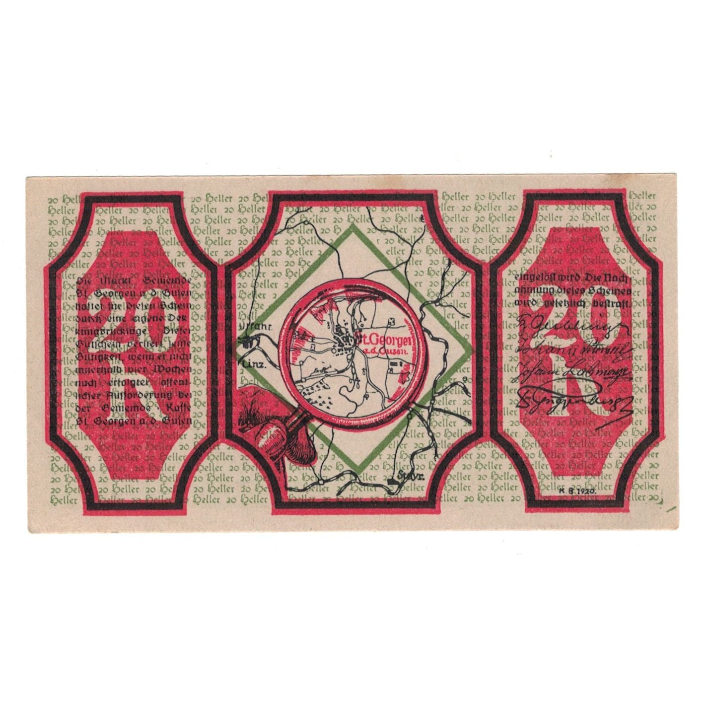 Billet, Autriche, St. Georgen an der Gusen O.Ö. Gemeinde, 20 Heller, carte 1