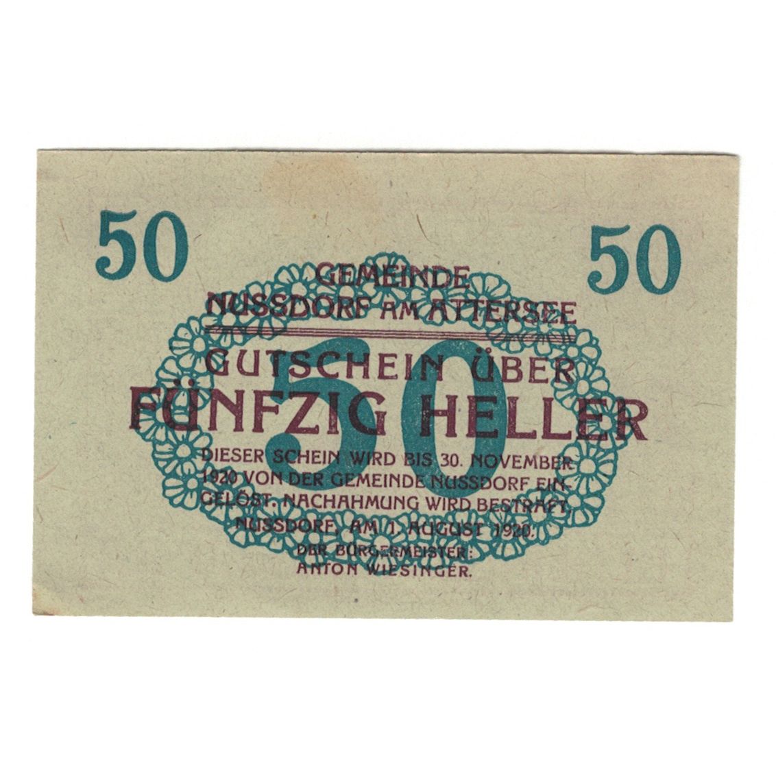 Geldschein, Österreich, Nussdorf am Attersee O.Ö. Gemeinde, 50 Heller, valeur