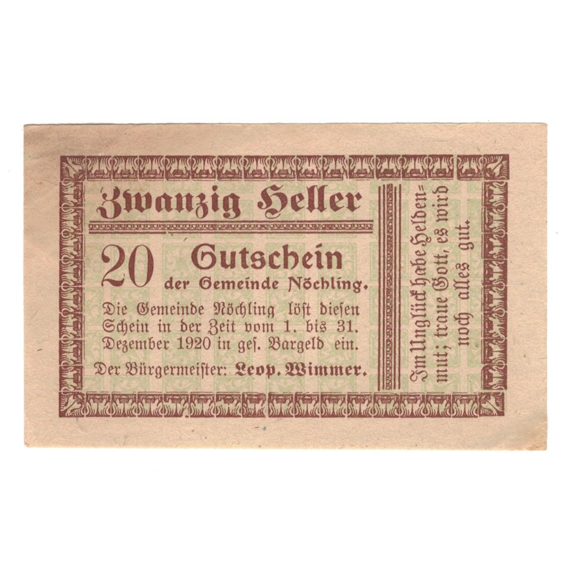 Geldschein, Österreich, Nöchling N.Ö. Gemeinde, 20 Heller, N.D, 1920