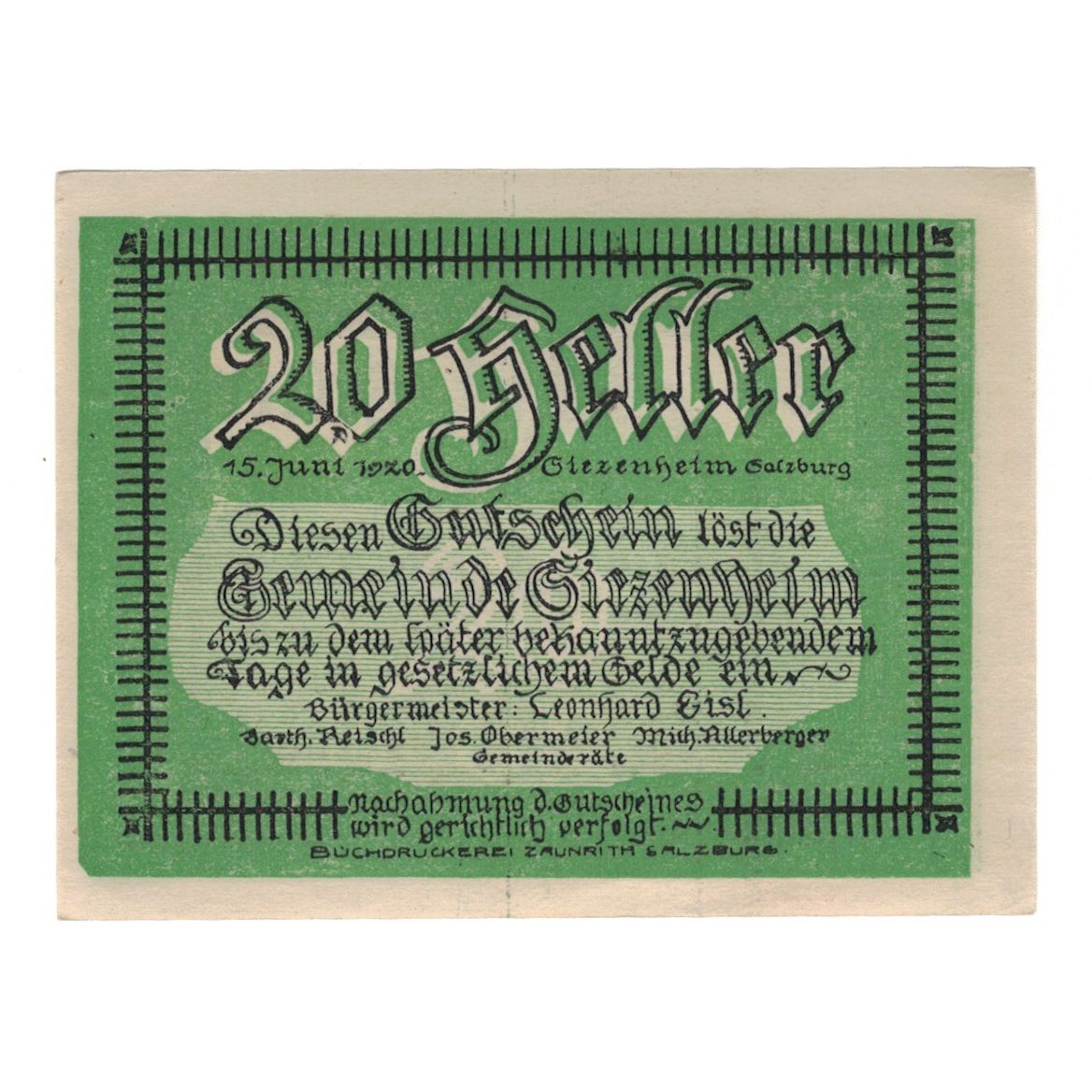 Geldschein, Österreich, Siezenheim Sbg. Gemeinde, 20 Heller, personnage, 1920