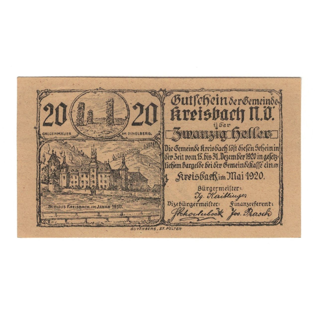 Geldschein, Österreich, Kreisbach, 20 Heller, château, 1920, 1920-12-31, VZ
