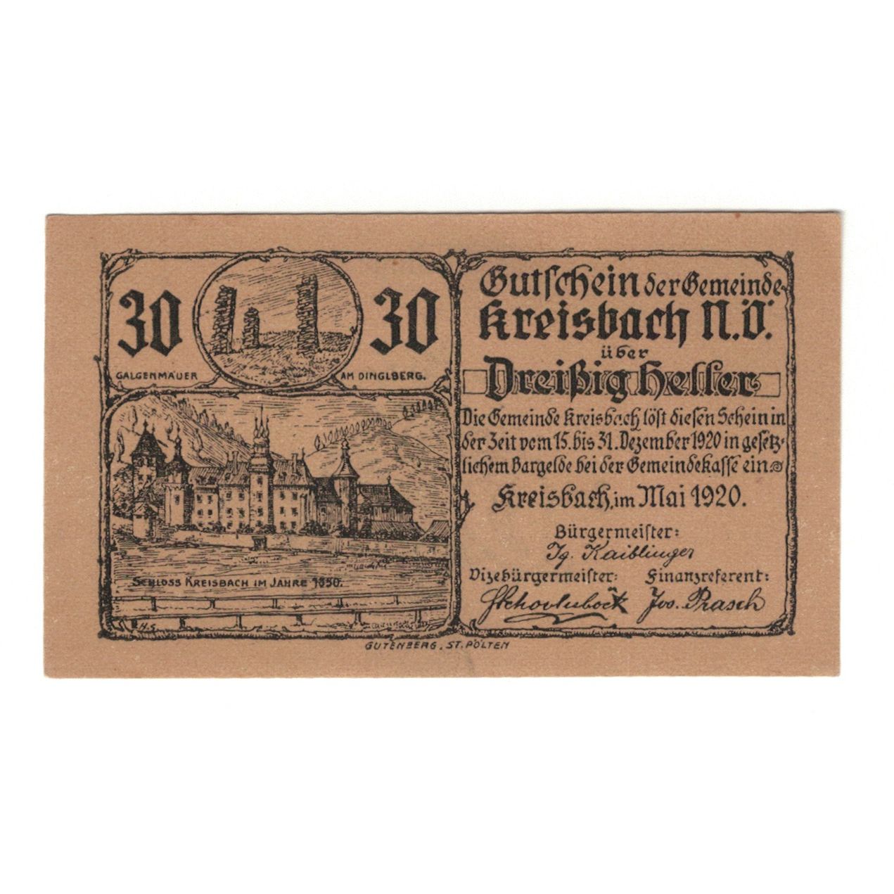 Geldschein, Österreich, Kreisbach, 30 Heller, château, 1920, 1920-12-31, VZ
