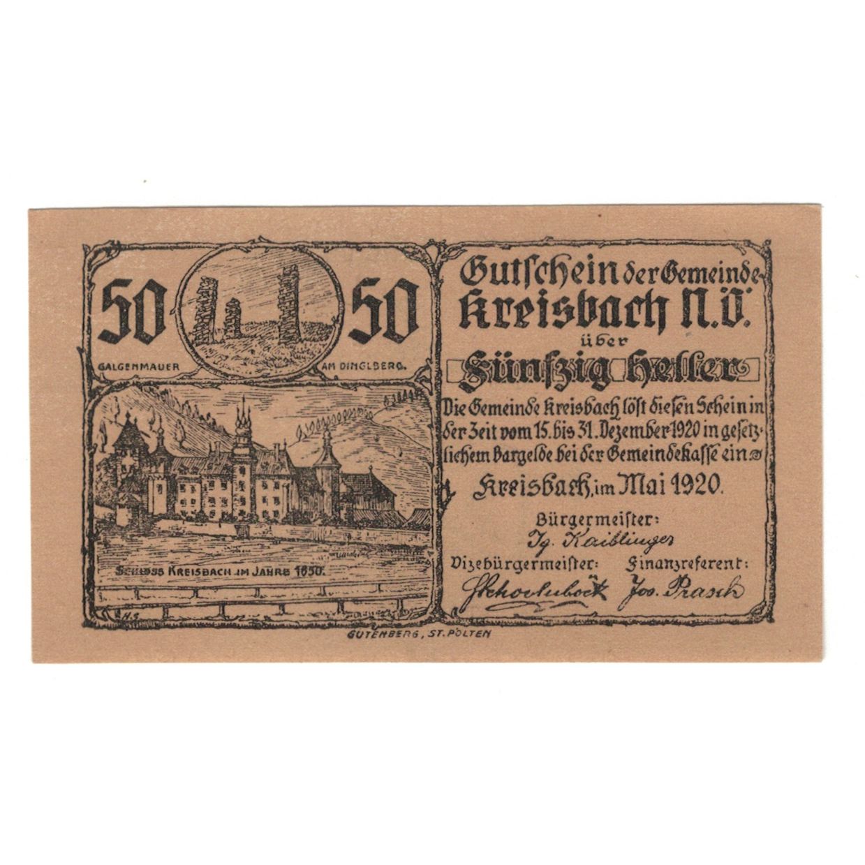 Geldschein, Österreich, Kreisbach, 50 Heller, château, 1920, 1920-12-31, VZ