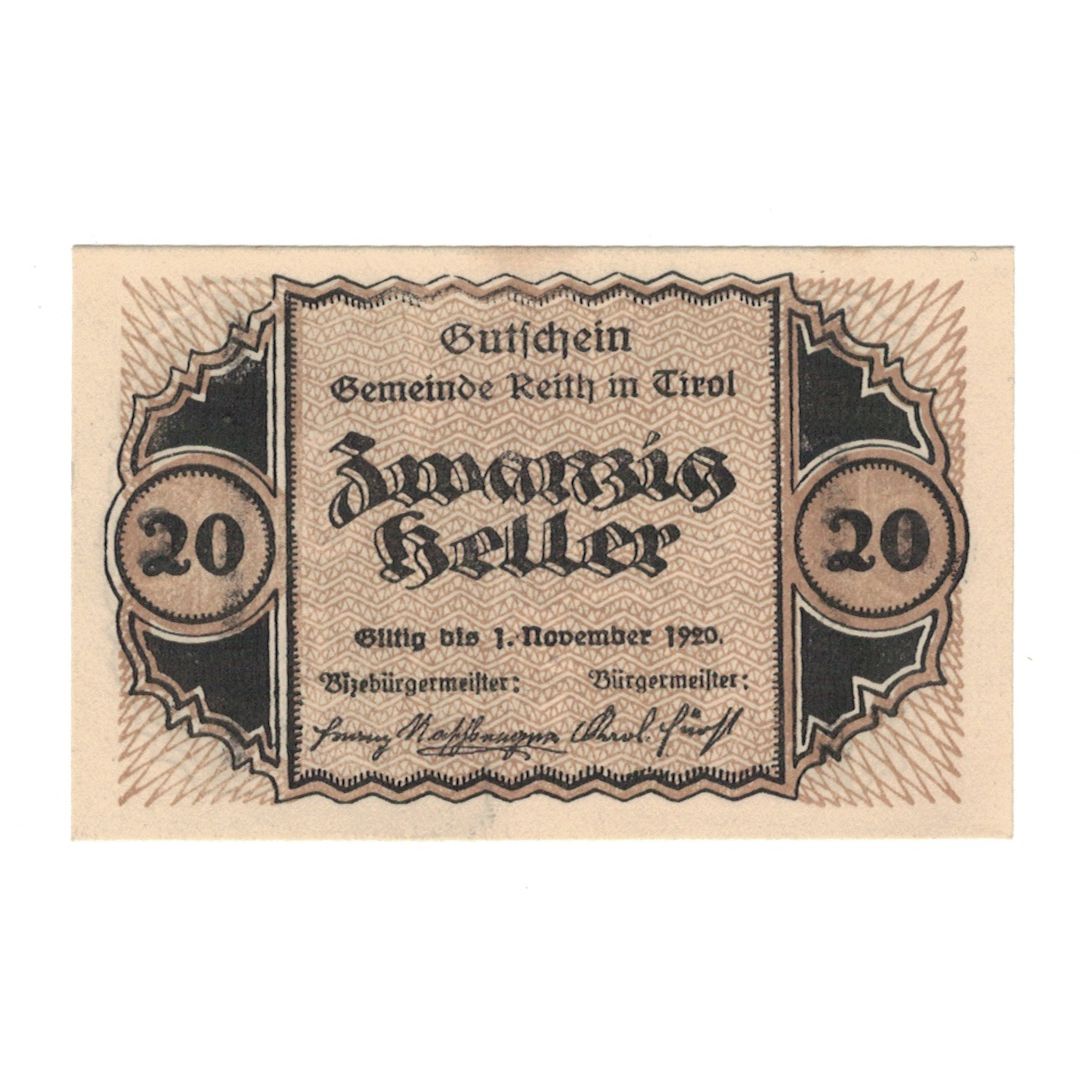 Geldschein, Österreich, Reith Tirol Gemeinde, 20 Heller, valeur faciale, 1920