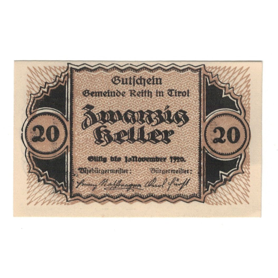 Geldschein, Österreich, Reith Tirol Gemeinde, 20 Heller, valeur faciale 1