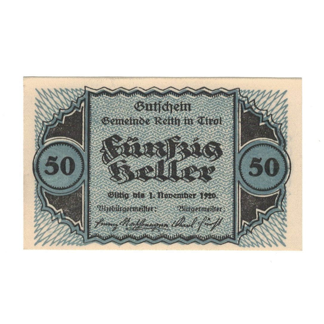 Geldschein, Österreich, Reith Tirol Gemeinde, 50 Heller, valeur faciale 1