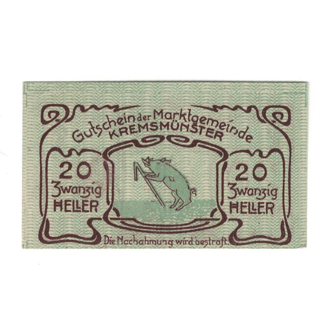 Geldschein, Österreich, Kremsmünster O.Ö. Marktgemeinde, 20 Heller, Monument