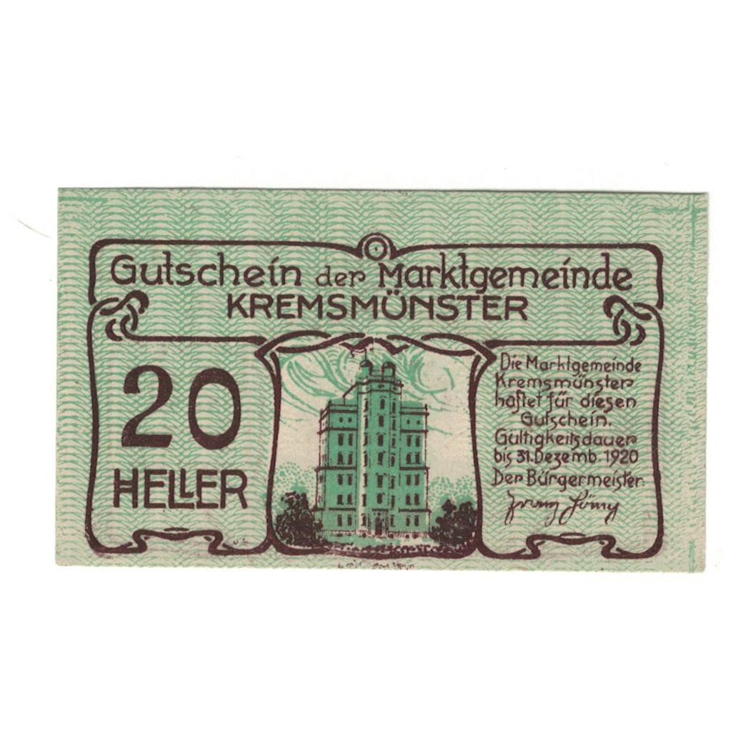Geldschein, Österreich, Kremsmünster O.Ö. Marktgemeinde, 20 Heller, Monument