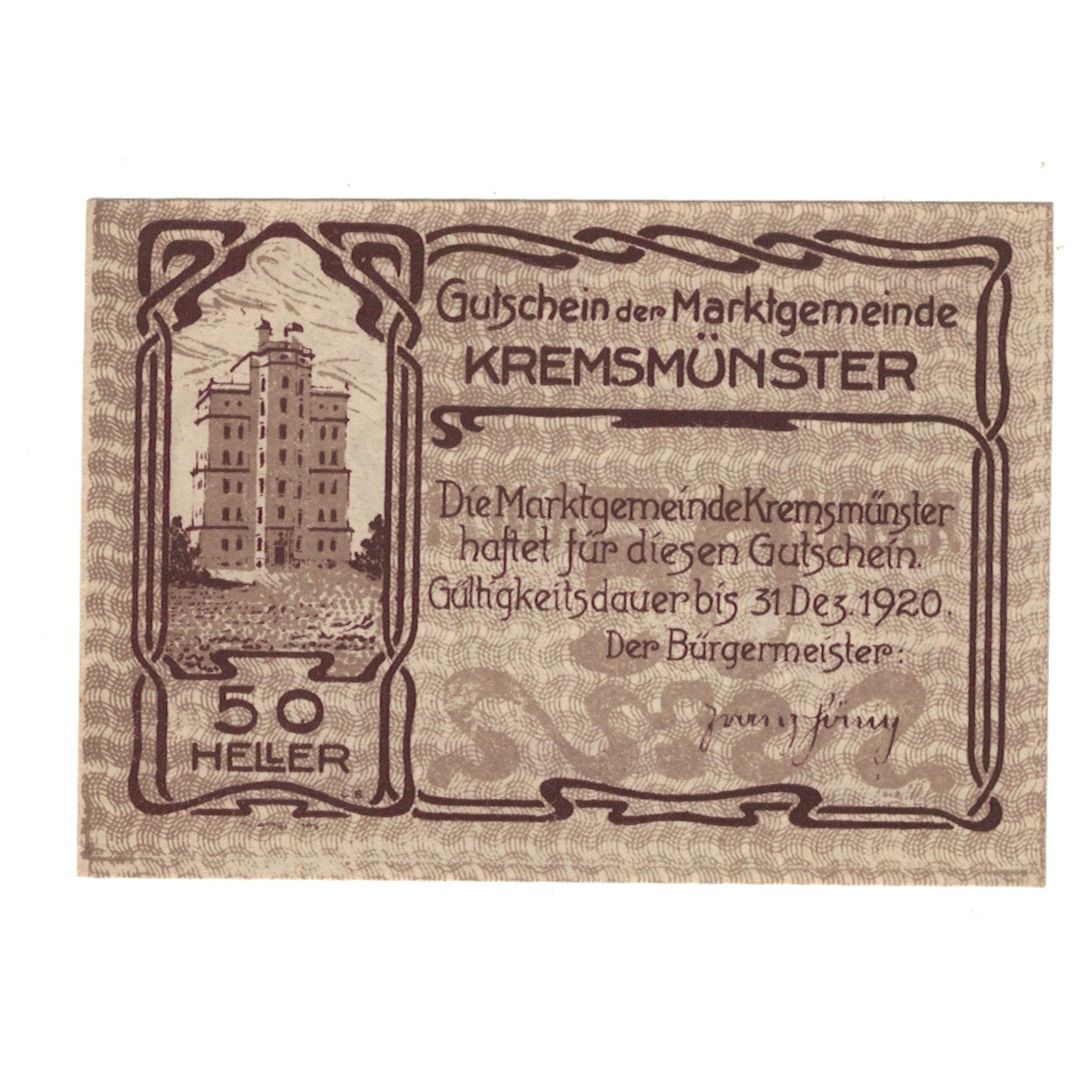 Geldschein, Österreich, Kremsmünster O.Ö. Marktgemeinde, 50 Heller, Monument