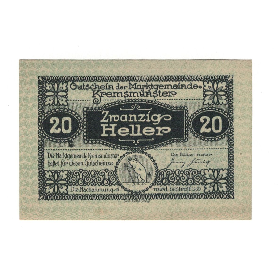 Billete, Austria, Kremsmünster O.Ö. Marktgemeinde, 20 Heller, village, 1920