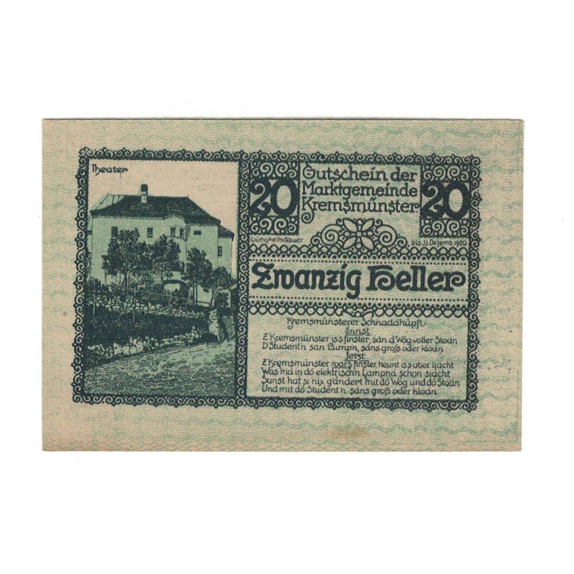 Billete, Austria, Kremsmünster O.Ö. Marktgemeinde, 20 Heller, village, 1920