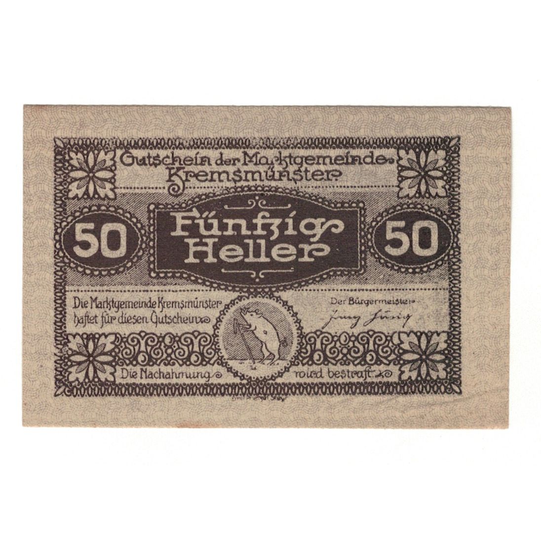 Geldschein, Österreich, Kremsmünster O.Ö. Marktgemeinde, 50 Heller, village