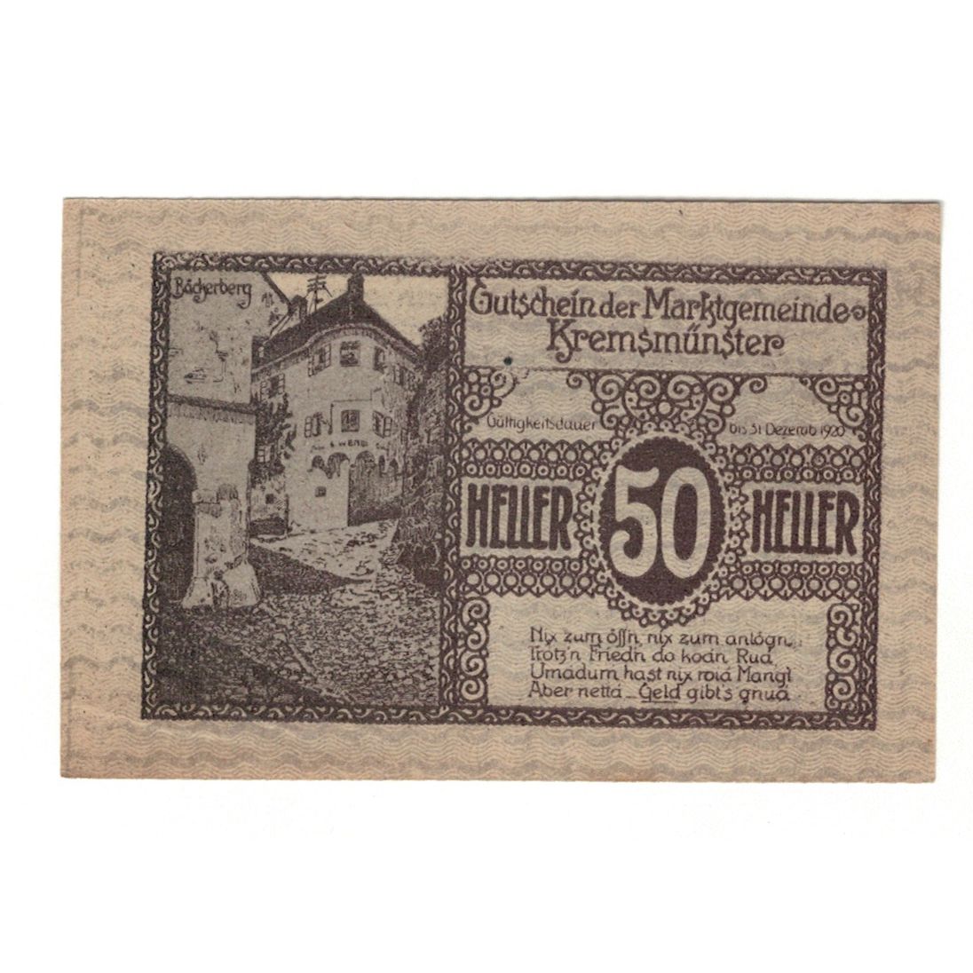 Geldschein, Österreich, Kremsmünster O.Ö. Marktgemeinde, 50 Heller, village