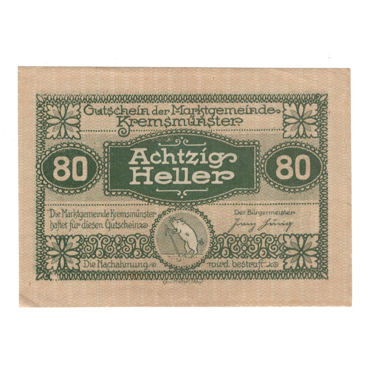 Billete, Austria, Kremsmünster O.Ö. Marktgemeinde, 80 Heller, village, 1920