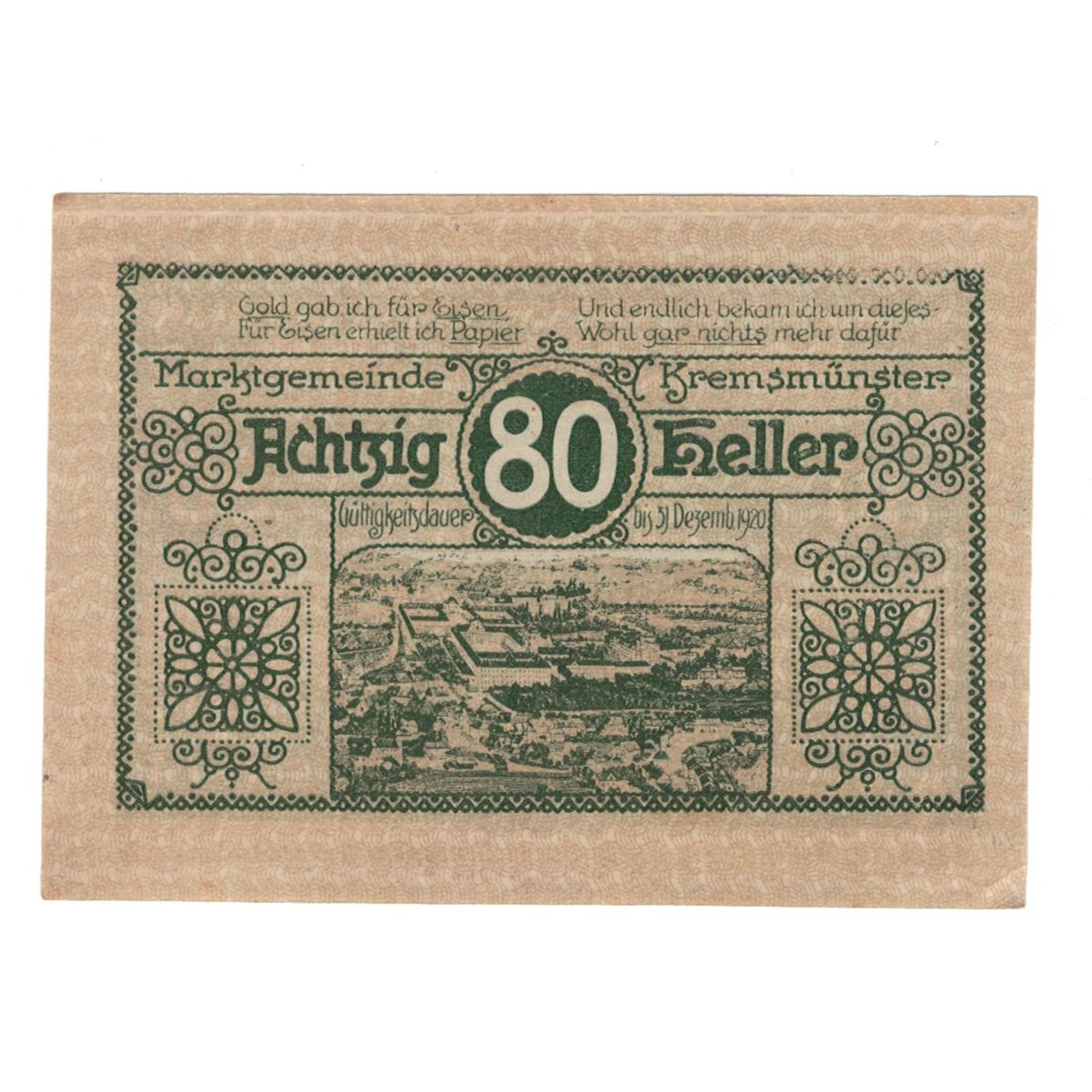 Billete, Austria, Kremsmünster O.Ö. Marktgemeinde, 80 Heller, village, 1920