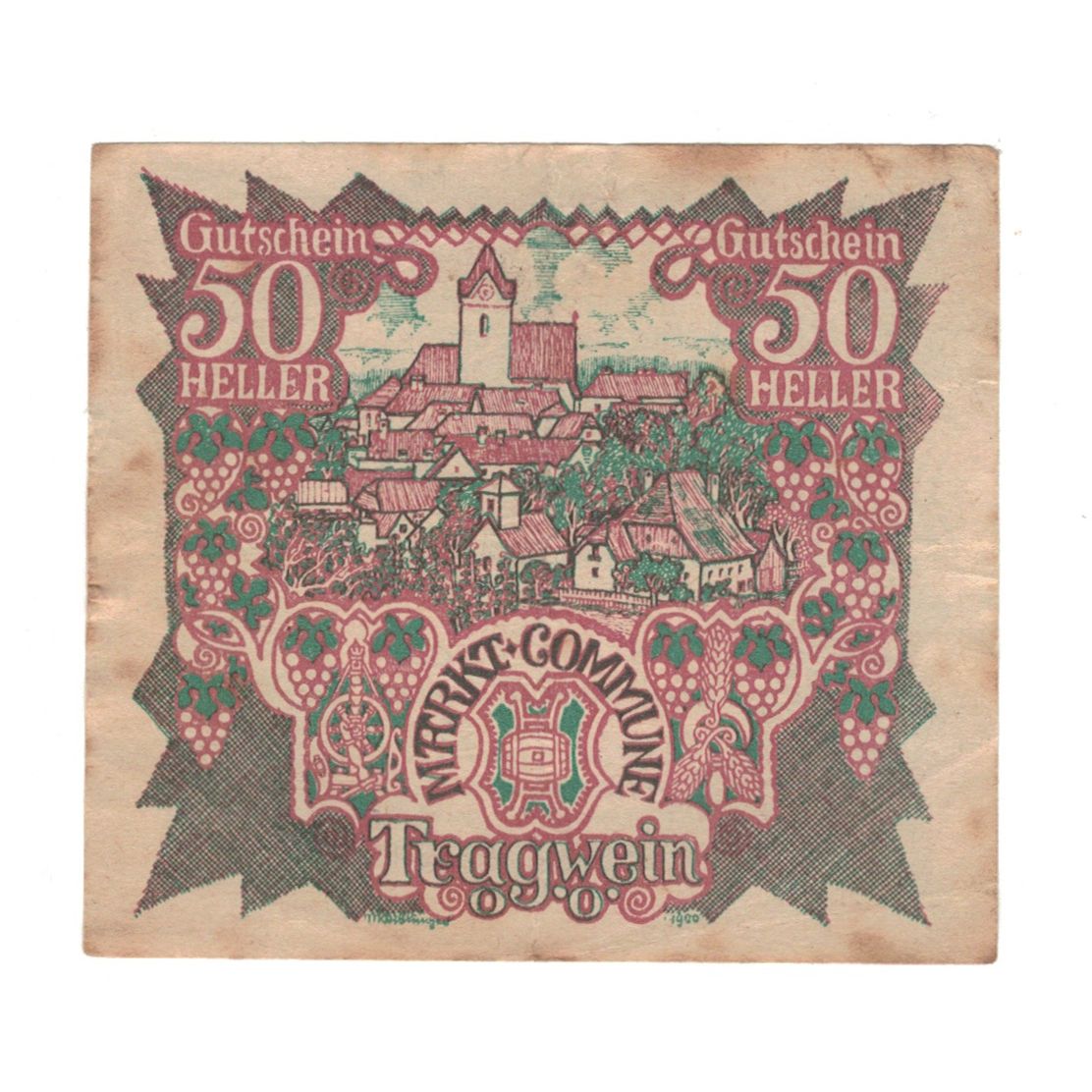 Geldschein, Österreich, Tragwein O.Ö. Gemeinde, 50 Heller, Texte, 1920