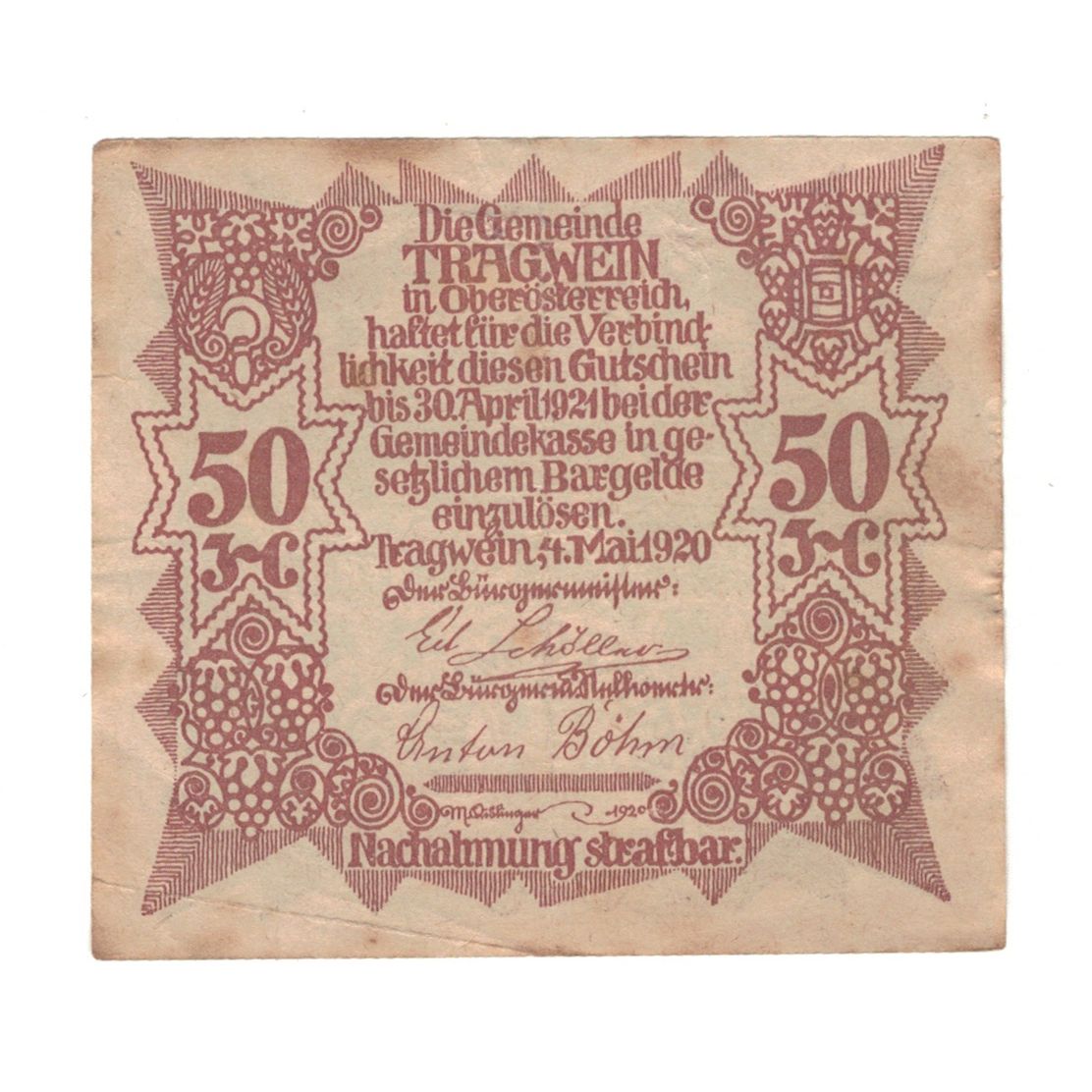 Geldschein, Österreich, Tragwein O.Ö. Gemeinde, 50 Heller, Texte, 1920