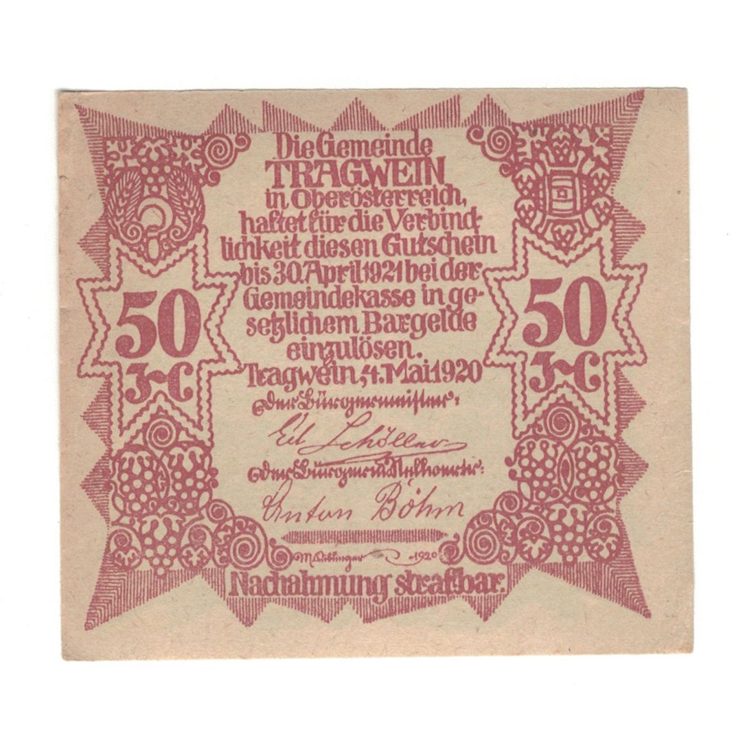 Geldschein, Österreich, Tragwein O.Ö. Gemeinde, 50 Heller, texte 1, 1920