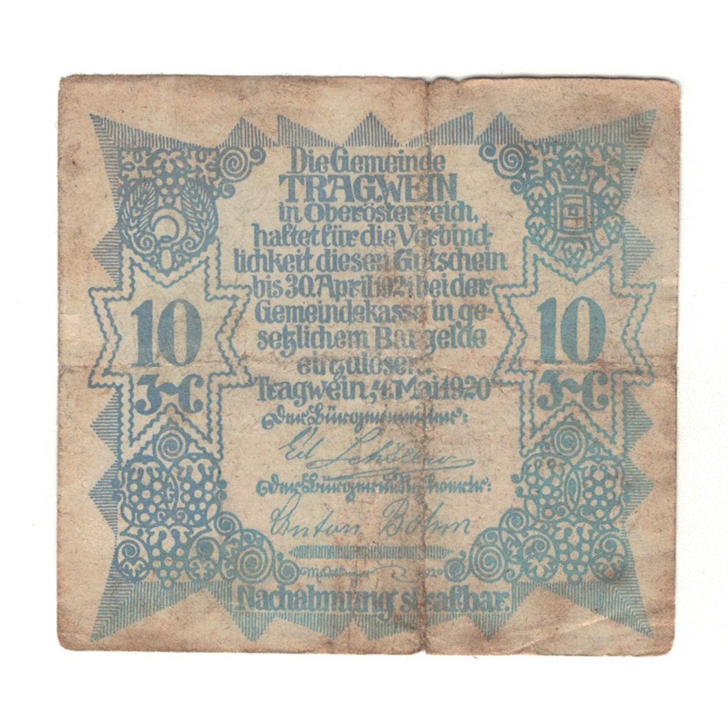 Geldschein, Österreich, Tragwein O.Ö. Gemeinde, 10 Heller, Texte, 1920
