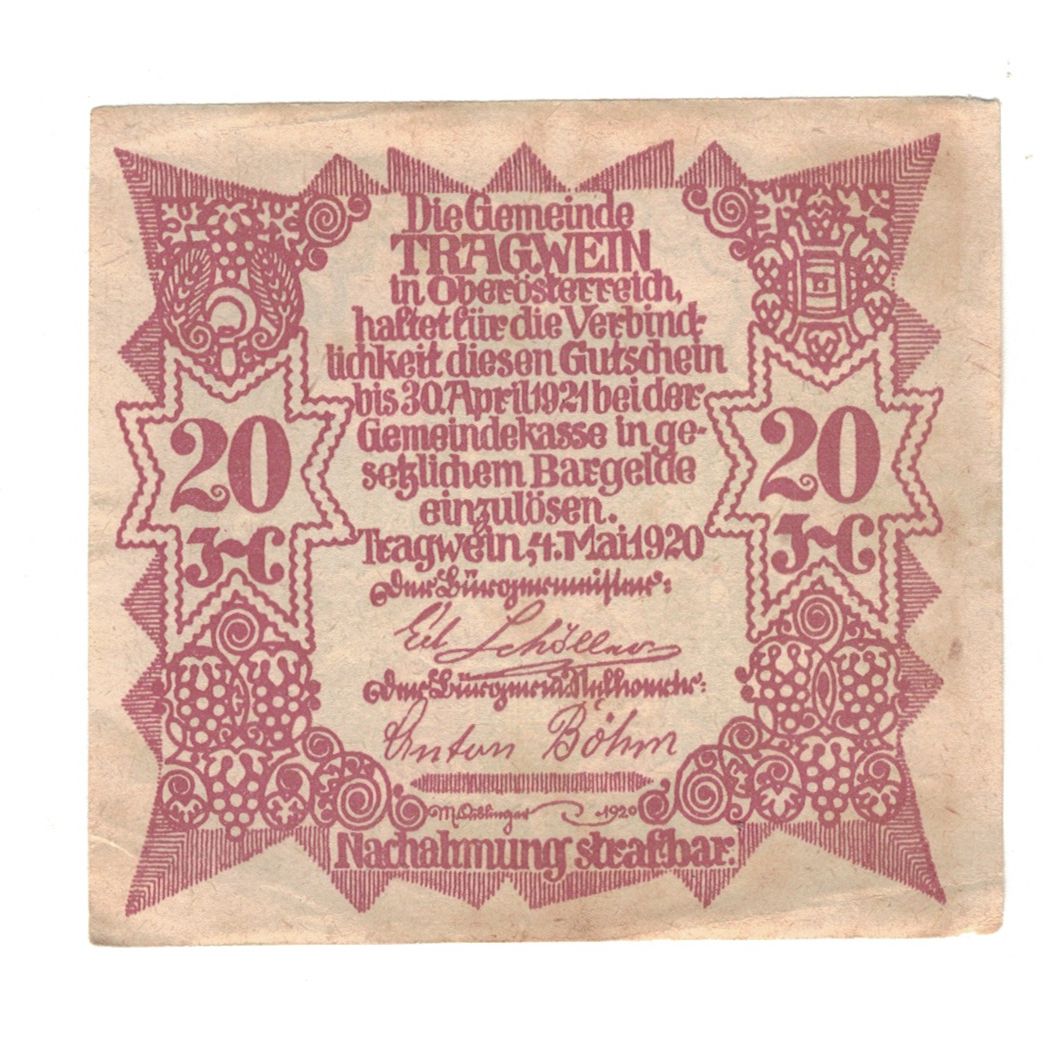 Geldschein, Österreich, Tragwein O.Ö. Gemeinde, 20 Heller, Texte, 1920