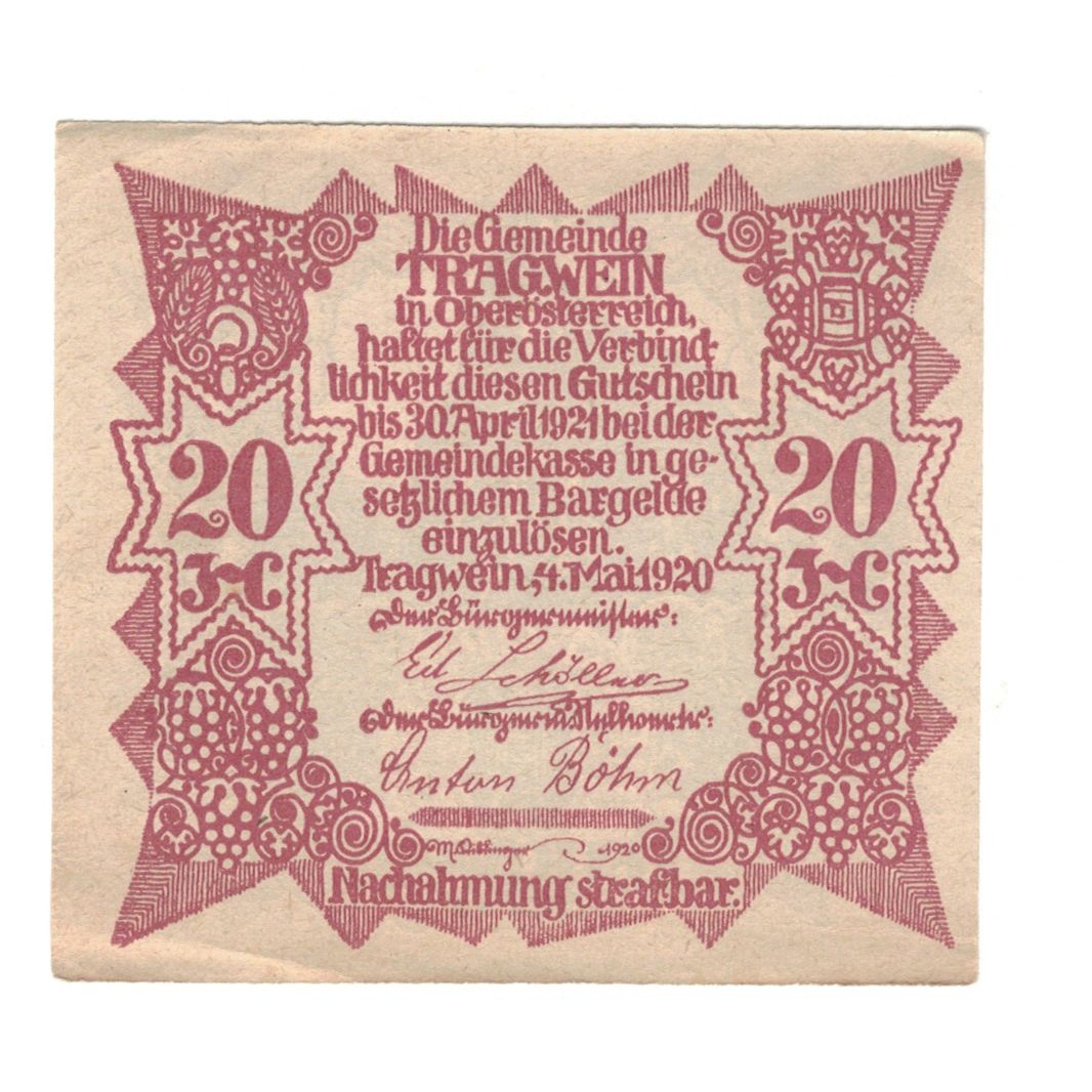 Geldschein, Österreich, Tragwein O.Ö. Gemeinde, 20 Heller, texte 1, 1920
