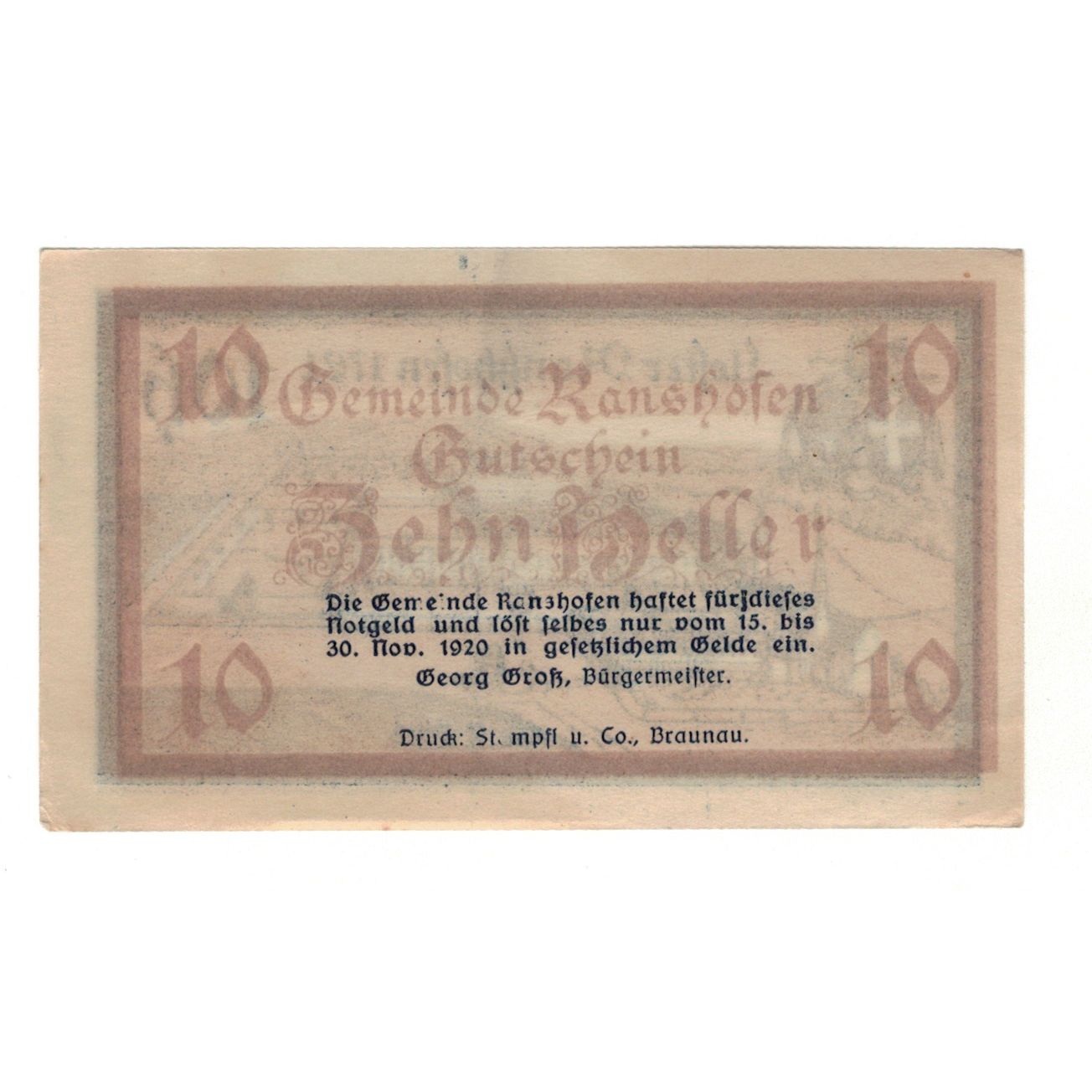 Geldschein, Österreich, Ranshofen O.Ö. Gemeinde, 10 Heller, Texte, 1920