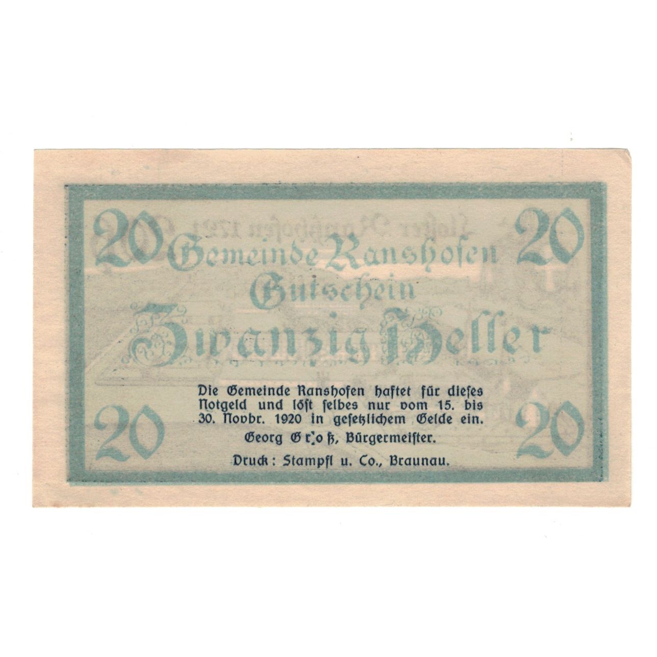 Geldschein, Österreich, Ranshofen O.Ö. Gemeinde, 20 Heller, Texte, 1920