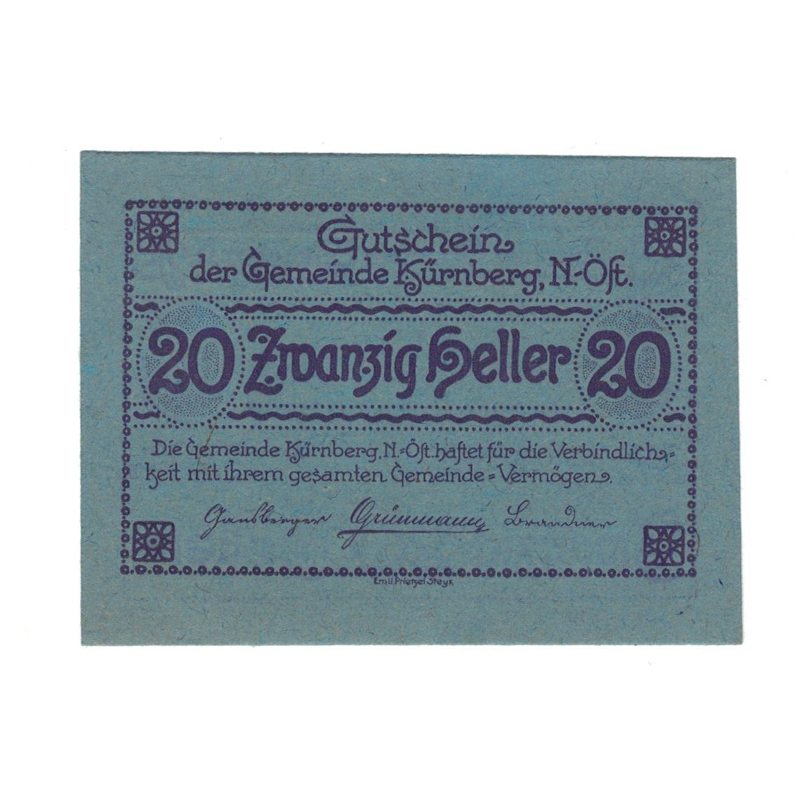 Geldschein, Österreich, Kürnberg N.Ö. Gemeinde, 20 Heller, paysage, 1920