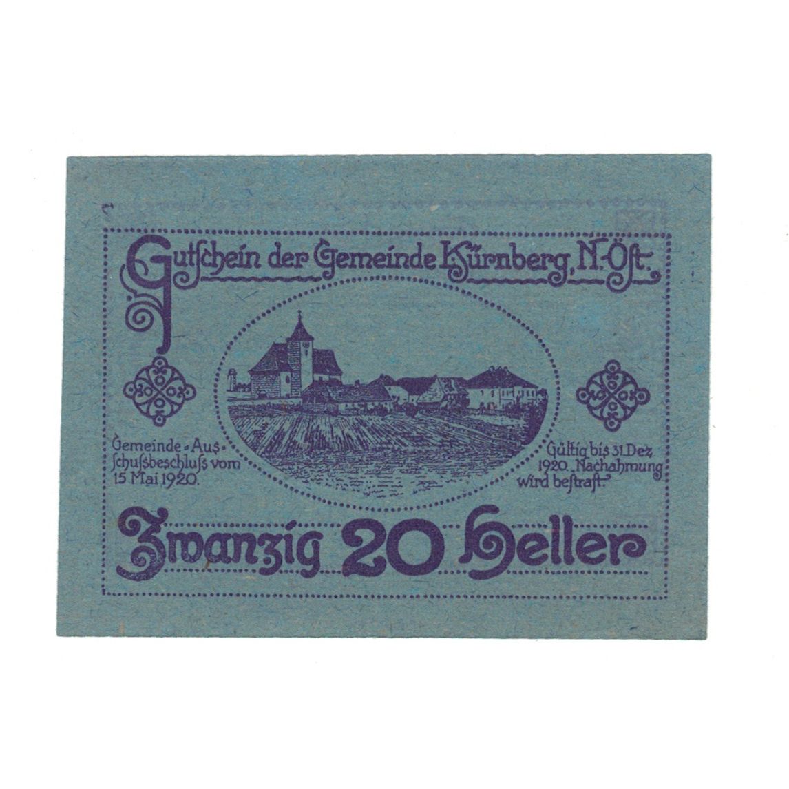 Geldschein, Österreich, Kürnberg N.Ö. Gemeinde, 20 Heller, paysage, 1920