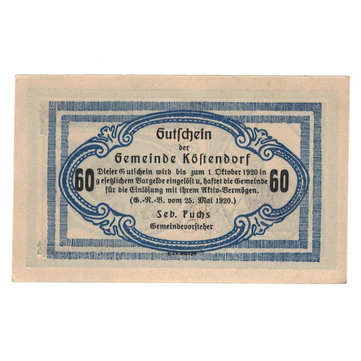 Geldschein, Österreich, Köstendorf Sbg. Gemeinde, 60 Heller, Texte, 1920