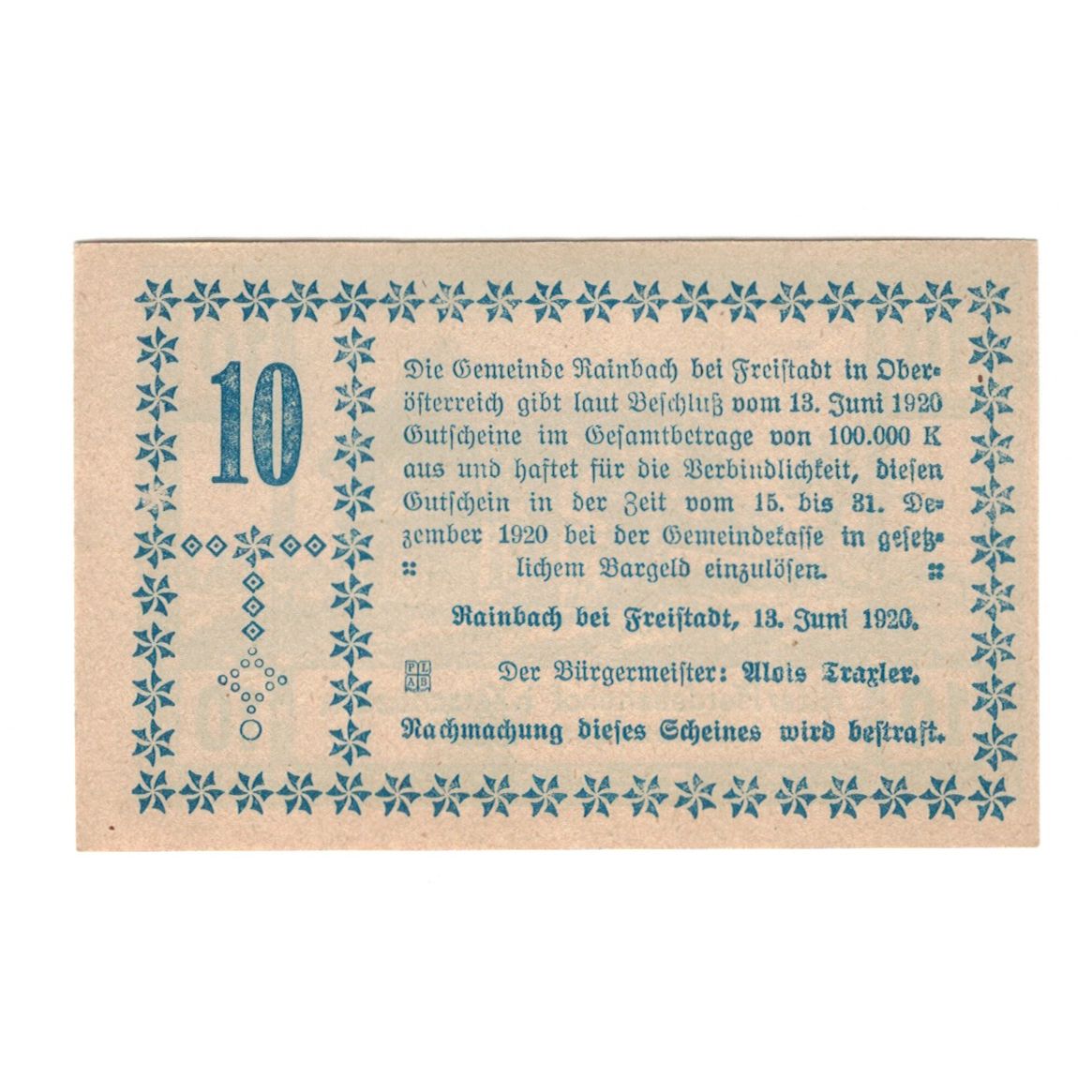 Geldschein, Österreich, Rainbach O.Ö. Gemeinde, 10 Heller, Texte, 1920