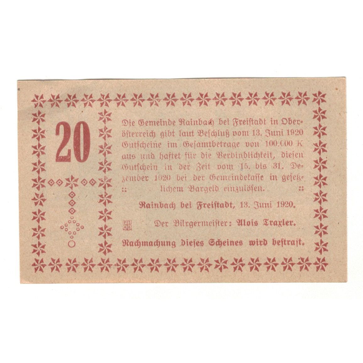 Geldschein, Österreich, Rainbach O.Ö. Gemeinde, 20 Heller, Texte, 1920