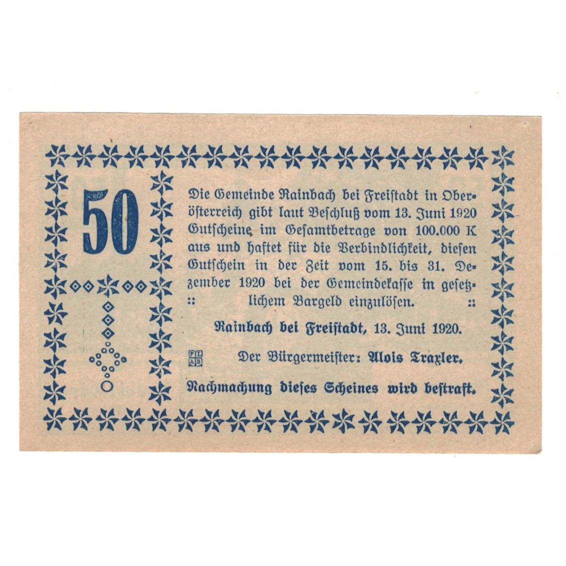 Biljet, Oostenrijk, Rainbach O.Ö. Gemeinde, 50 Heller, Texte, 1920, 1920-12-31
