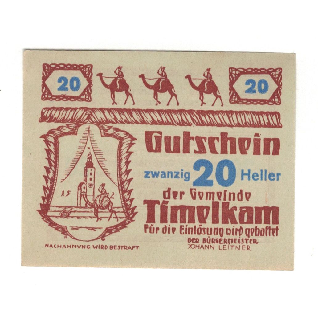 Geldschein, Österreich, Timelkam O.Ö. Gemeinde, 20 Heller, Texte, 1920