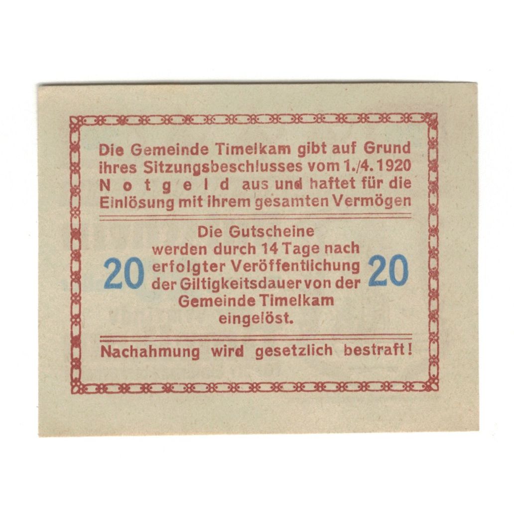 Geldschein, Österreich, Timelkam O.Ö. Gemeinde, 20 Heller, Texte, 1920