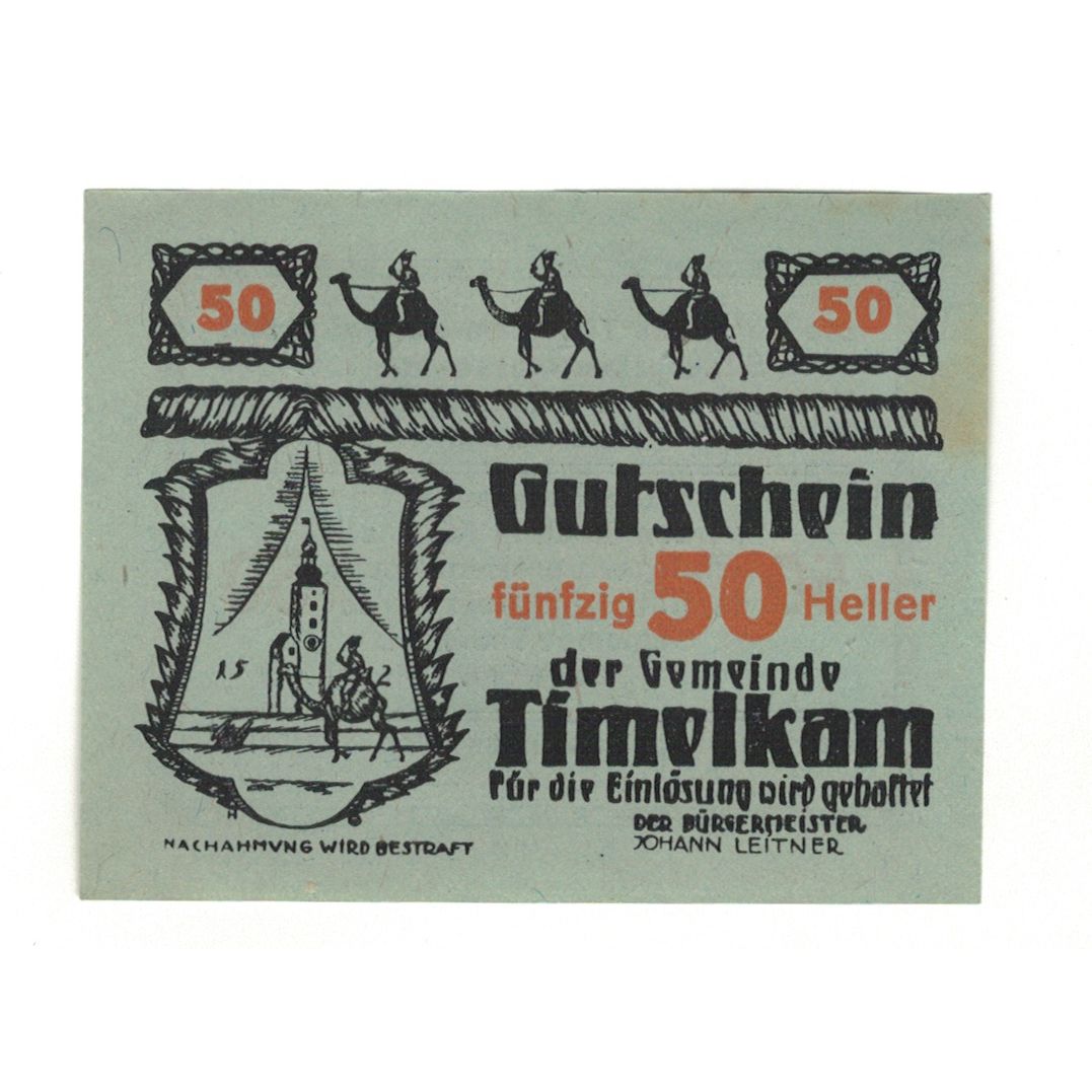 Geldschein, Österreich, Timelkam O.Ö. Gemeinde, 50 Heller, Texte, 1920