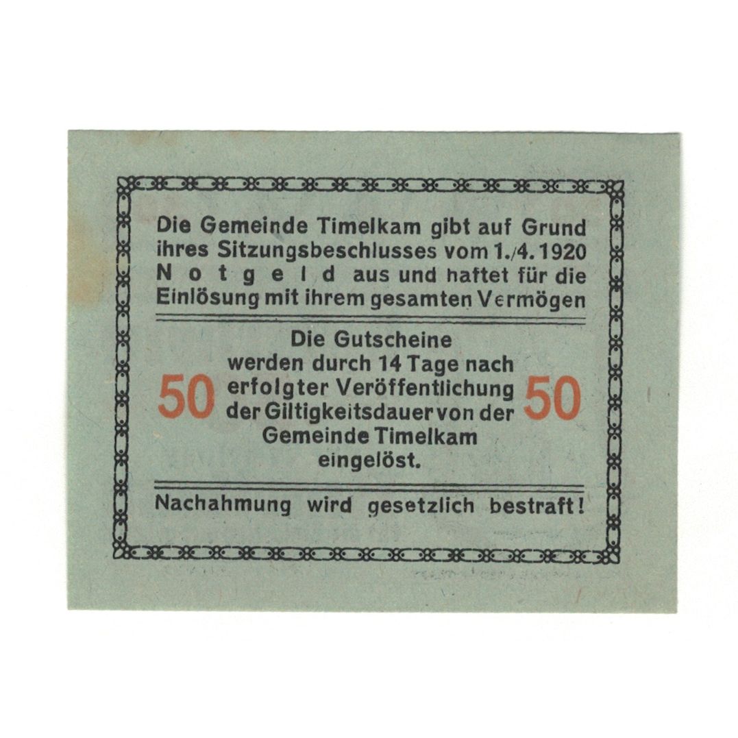 Geldschein, Österreich, Timelkam O.Ö. Gemeinde, 50 Heller, Texte, 1920