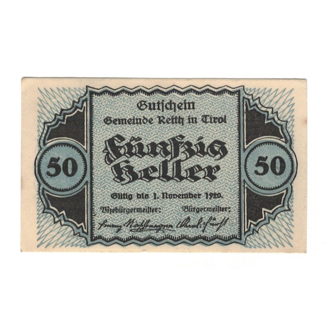 Geldschein, Österreich, Reith Tirol Gemeinde, 50 Heller, paysage, 1920