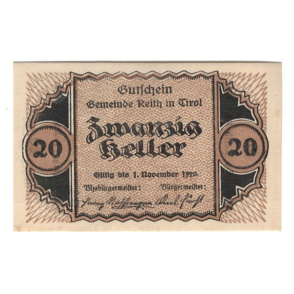 Geldschein, Österreich, Reith Tirol Gemeinde, 20 Heller, paysage, 1920