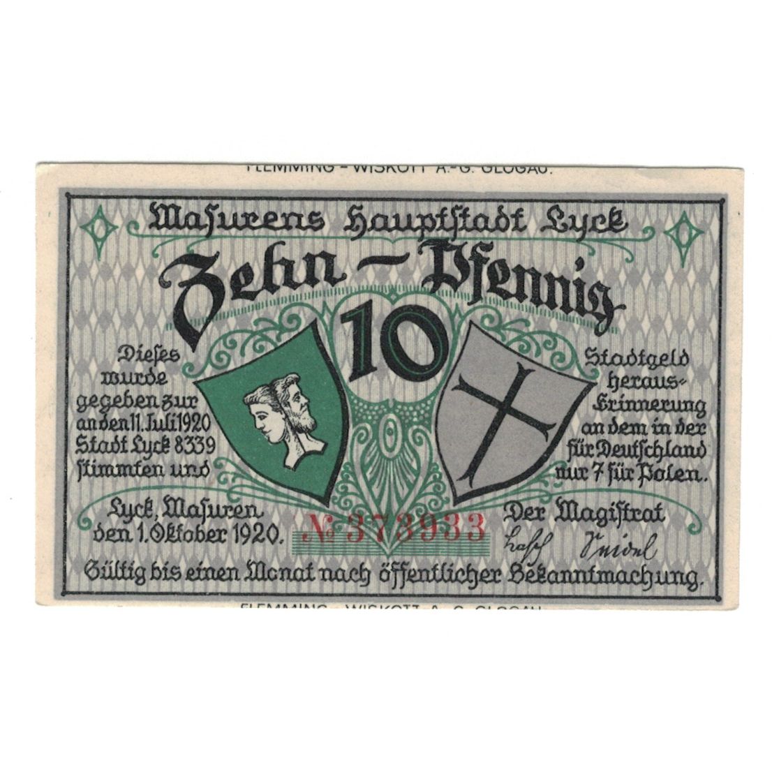 Banknote, Germany, Lyck Stadt, 10 Pfennig, paysage, 1920, 1920-10-01, AU(55-58)