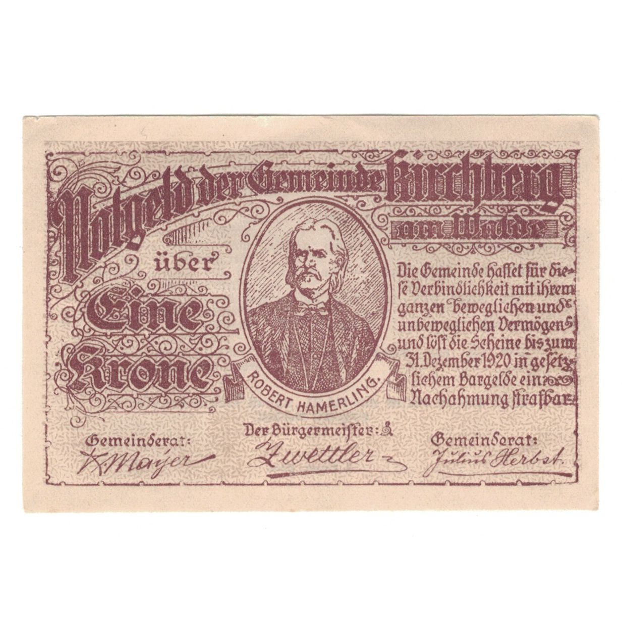 Geldschein, Österreich, Kirchberg Am Walde N.Ö. Gemeinde, 1 Krone, Texte